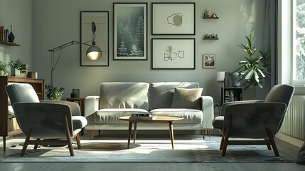 cozy gray living room interior with comfortable armchairs and artistic posters inviting home decor