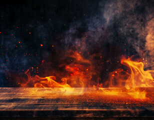 An empty wooden table with a fire burning in the background. flames, tongues of fire, Sparks and smoke. An empty wooden table for product demonstrations.