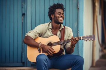 Portrait of a joyful afro-american man in his 20s playing the guitar while standing against...