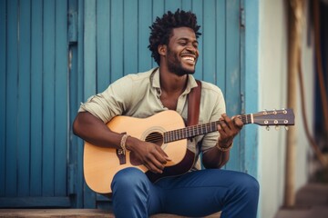 Obraz premium Portrait of a joyful afro-american man in his 20s playing the guitar while standing against stylized simple home office background