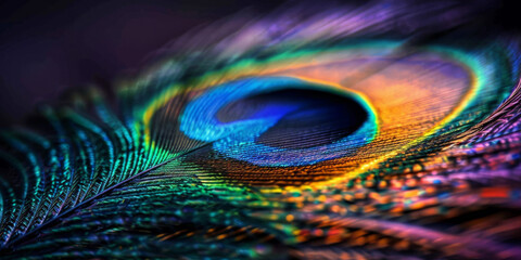Vibrant Peacock Feather with Iridescent Colors and Intricate Details in Close Up Macro