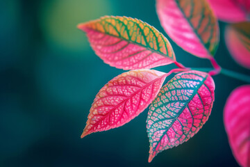 Vibrant Close Up of Colorful Leaves with Detailed Veins on a Green Background