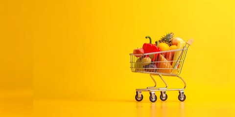 A shopping cart full of food and goods on a yellow background with copy space for a banner design Creative concept with shopping