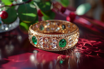 Luxury Gold Bracelet with Emerald Gemstones and Intricate Design on Elegant Red Surface