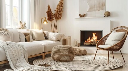 cozy scandinavian living room with rattan lounge chair wicker pouf and white sofa by fireplace embodying hygge interior design 3d rendering