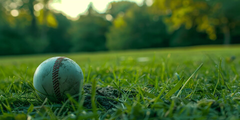 Baseball Lying on Grass in a Scenic Park Setting with Bright Green Foliage