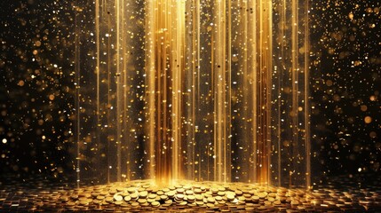 Golden coins cascade in a dramatic rain against a dark, sparkling background, symbolizing unexpected wealth.