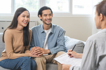 Psychology, Happy asian young woman and man couple love, consulting problem mental health together...