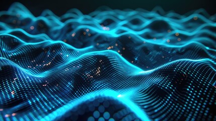 Abstract digital wave pattern with glowing blue lines, representing futuristic technology and modern data visualization in 3D.