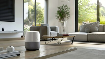 A sleek smart home assistant in a modern Korean living room, showcasing its minimalist design and integration with home decor. 