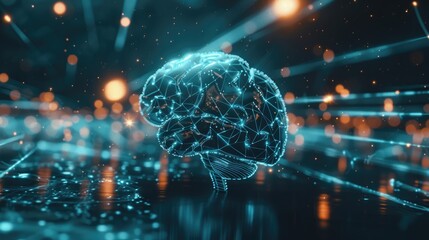 Futuristic digital brain representation with glowing neural connections, symbolizing artificial intelligence, innovation, and modern technology.