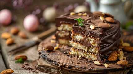 A piece of delicate Easter cake with dark chocolate