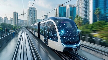 Futuristic high-speed train traveling through a modern cityscape, showcasing advanced technology and urban transportation.