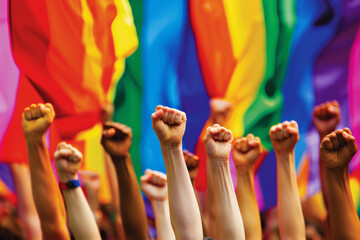Fists raised in solidarity at a pride event with vibrant rainbow flags