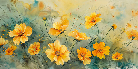 Yellow cosmos flowers image mix with painted watercolor on paper  
