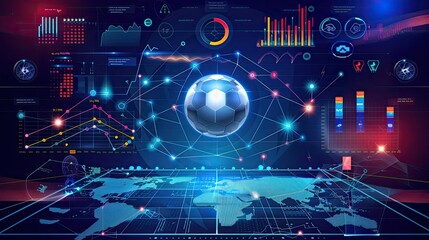 Fototapeta premium Futuristic soccer concept with holographic displays, data charts, world map, and glowing digital elements representing sports technology.