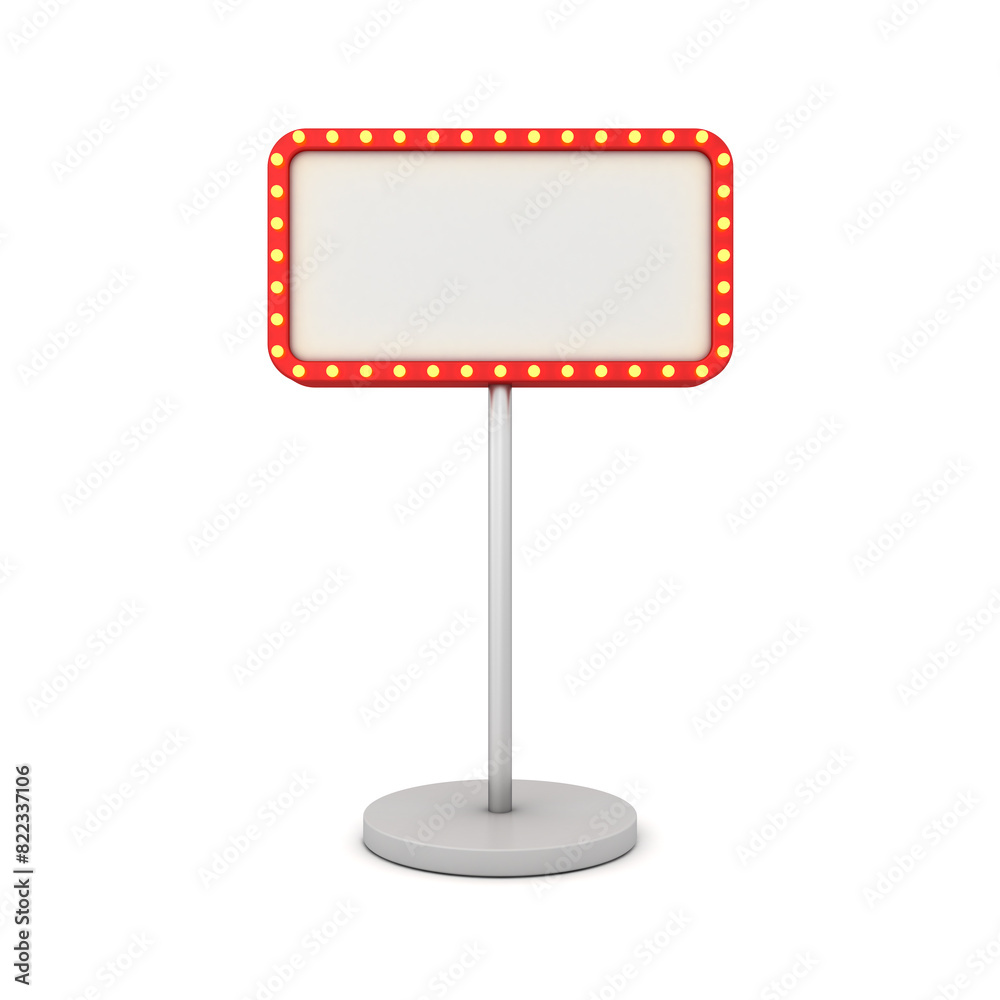 Aufkleber Blank retro neon billboard or blank white signboard stand with glowing yellow neon light bulbs isolated on white background with shadow 3D rendering