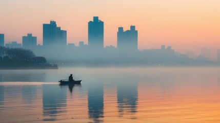 A tranquil scene of a fisherman at dawn on the Han River, with mist rising and the city skyline in the background.