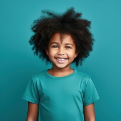 Turquoise background Happy black american african child Portrait of young beautiful kid Isolated on Background ethnic diversity equality acceptance 