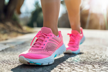 Naklejka premium Woman's feet in running shoes. Sport shoe for fitness