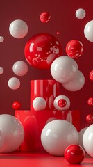 Generative AI image of different sizes of red and white balls on pedestal podium against red background