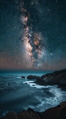 Majestic Milky Way over a serene coastal landscape. Generative AI image