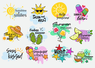 set of Summer labels, quotes, logos, hand drawn tags and elements for summer holiday, travel, beach vacation vector illustration