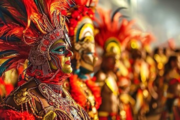Barranquilla carnival participants in colorful costumes and feather headdresses in Barranquilla, Colombia. 