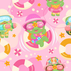 seamless pattern cute little turtle cartoon In bright and cheerful clothes in summer festival. vector illustration.
