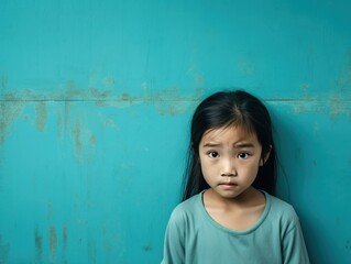 Turquoise background sad Asian child Portrait of young beautiful in a bad mood child Isolated on Background, depression anxiety fear burn out health 