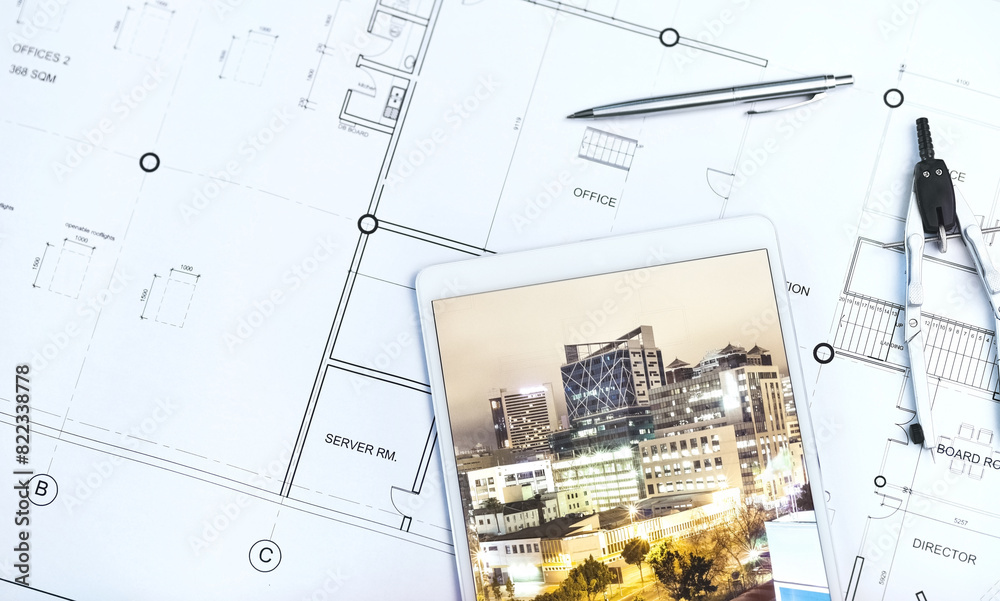 Aufkleber Architecture, blueprint and tablet or drawing top view as development with building design, digital app or floor plan. Technology, tools and project planning or renovation website, sketch or creative