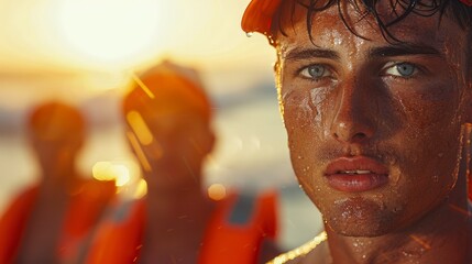 beach lifeguard training, a skilled beach lifeguard leads his team in executing rescue drills, demonstrating swift water rescues and first aid procedures under the blazing sun