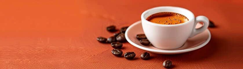 Fototapeta premium A white cup of freshly brewed espresso on a saucer with scattered coffee beans against a warm brown background, perfect for cozy moments.