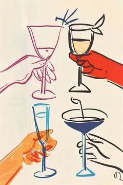 Hand drawn illustration of a group of people's hands holding different drinks at party
