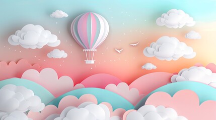 Obraz premium papercut background featuring layered clouds and a hot air balloon floating in a pastel-colored sky