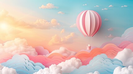 Obraz premium papercut background featuring layered clouds and a hot air balloon floating in a pastel-colored sky, creating a dreamy atmosphere