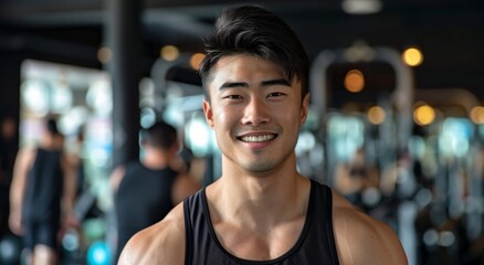 Fototapeta premium smiling portrait featuring a cheerful young male Asian fitness instructor in an indoor gym fitness center. His positive demeanor radiates enthusiasm and motivation.