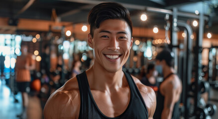 Fototapeta premium smiling portrait featuring a cheerful young male Asian fitness instructor in an indoor gym fitness center. His positive demeanor radiates enthusiasm and motivation.