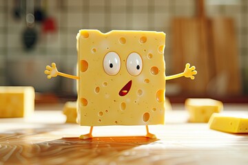 Surprised block of cheese character in kitchen