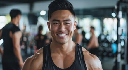 Fototapeta premium smiling portrait featuring a cheerful young male Asian fitness instructor in an indoor gym fitness center. His positive demeanor radiates enthusiasm and motivation.