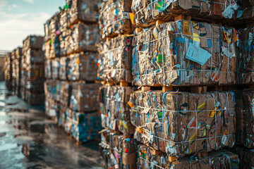 Stacked Bales of Recycled Cardboard Boxes in an Industrial Warehouse Setting