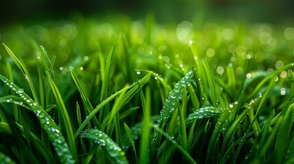 Obraz premium Texture background, Close-up of lush grass with dew drops, capturing the freshness and natural beauty, ideal for spring-themed designs and eco-friendly backgrounds. Illustration image,