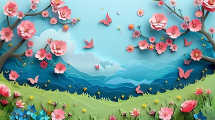 spring scene paper cut background