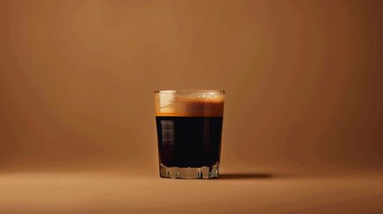 Close-up of a glass of dark espresso coffee with a frothy crema on a warm brown background. Perfect for coffee or beverage related themes.