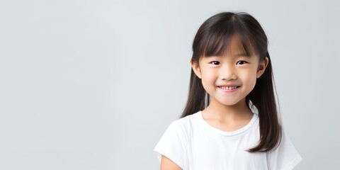 White background Happy Asian child Portrait of young beautiful Smiling child good mood Isolated on backdrop ethnic diversity equality acceptance 