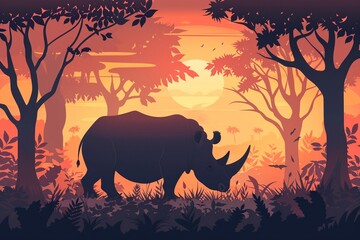 Rhino silhouette in the deep forest flat design side view natural habitat theme cartoon drawing Analogous Color Scheme