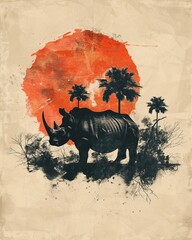 Rhino trekking through forest flat design top view wildlife theme water color Complementary Color Scheme