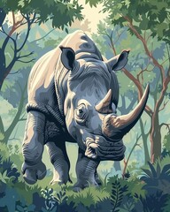Quiet rhino walk in the forest flat design front view peaceful theme animation Tetradic color scheme