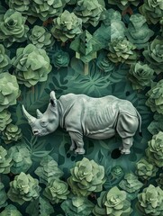 Rhino among forest trees flat design top view wilderness theme water color Monochromatic Color Scheme