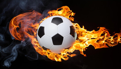 Fototapeta premium A soccer ball is on fire and surrounded by flames